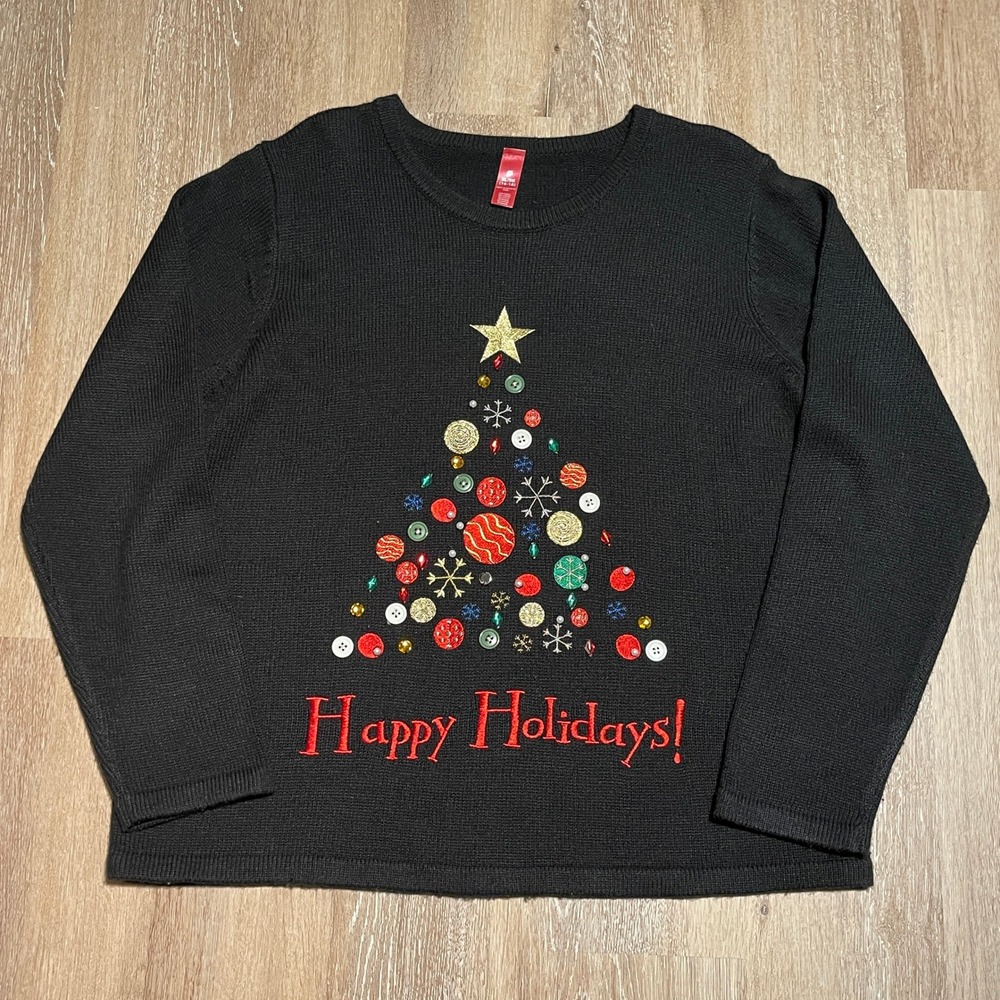 XL Black‎ Holiday Happy Holidays Christmas Tree Knit Ugly Sweater Women's EUC